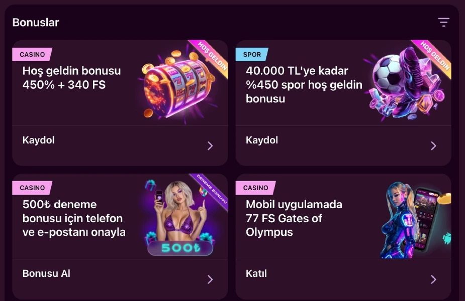 Casino Lux panelinde Hoş Geldin, Spor ve Mobil bonus kartları