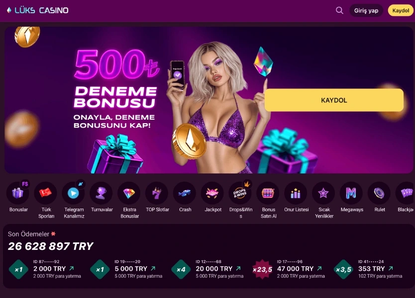 Casino Lux giriş sayfasındaki hoş geldin bonusu ikonları ve son ödemeler listesi