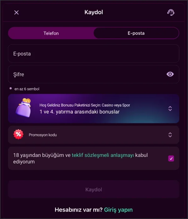 Casino Lux kayıt penceresinde promosyon kodu alanı ve onay kutucuğu