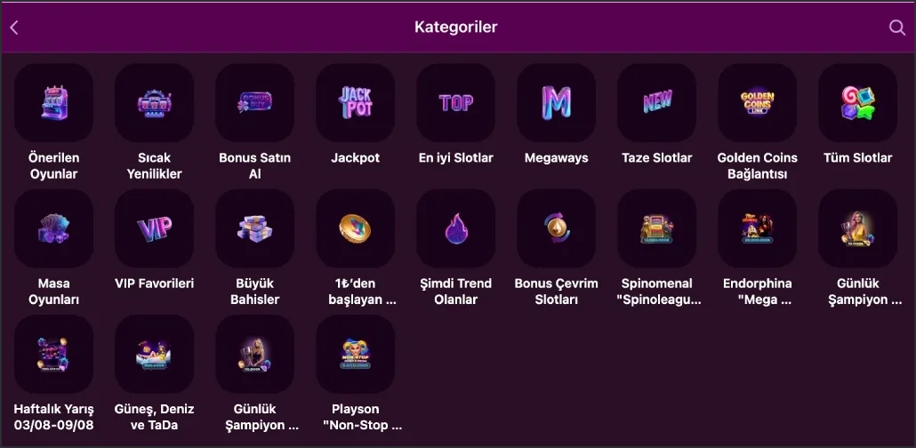 Casino Lux uygulamasındaki slot kategori ızgarası ve VIP Favorileri sekmesi